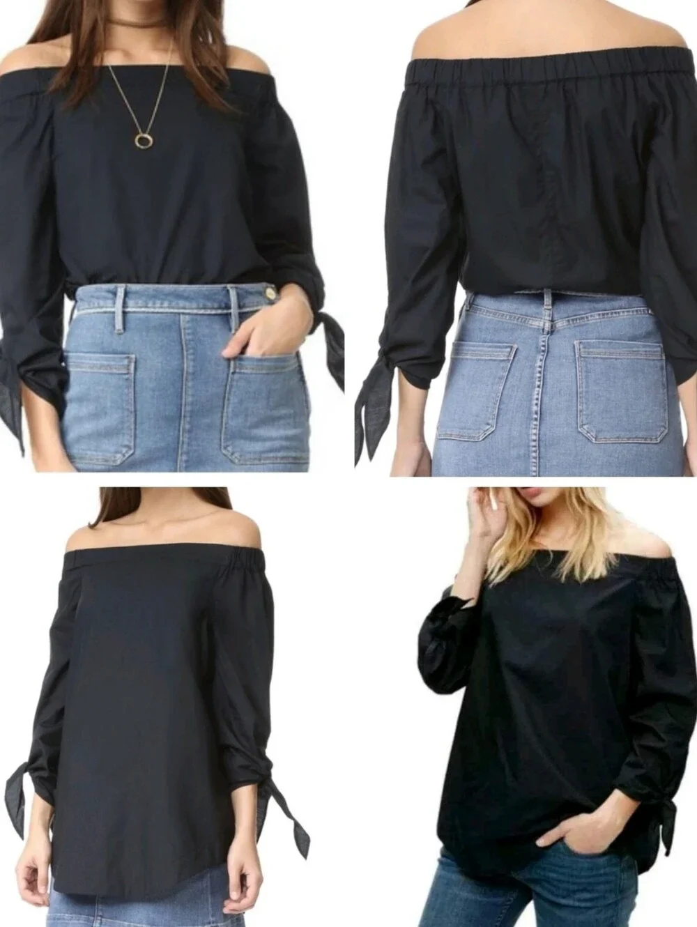 Free People Cotton Navy Blue Off The Shoulder Top Blouse Size S Tie Sleeve Chic